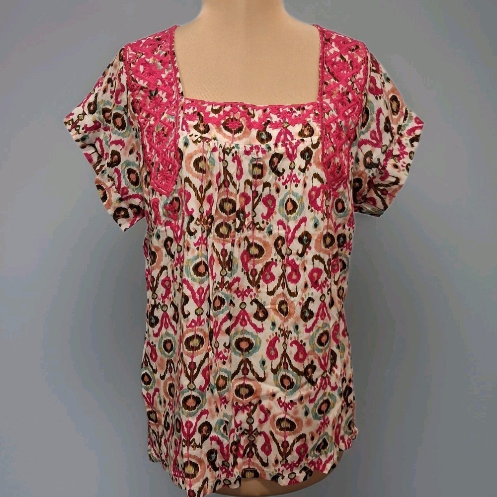 Solitaire‎ Womens Sz L Embroidered Top Pink Floral Square Neck Cottagecore Boho